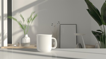 Ethereal Elation: A White Coffee Cup Perched Enchantingly on a Countertop. Generative AI.