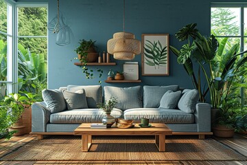 f Cozy vintage living room in blue and gray tones. Stylish sofa, wooden coffee table, carpet on the wooden floor, pendant lamp, plants, home decor, large window with garden view. 3D rendering
