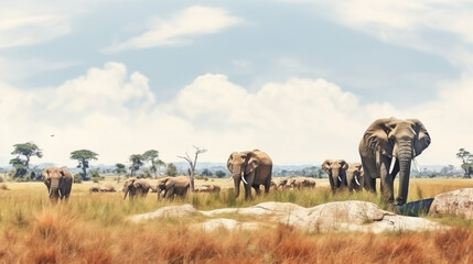 water color style of Group of elephant, on the savannah. Generative Ai