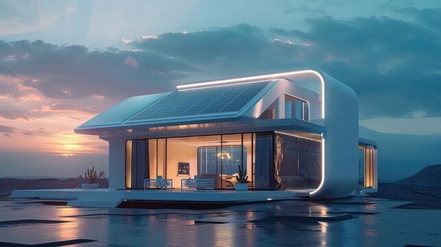3D rendering of a luxurious futuristic mansion by the sea
