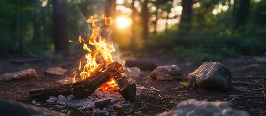 A steaming bonfire at a campsite creates a serene ambiance, casting warm light and shadows in the middle of a forest.