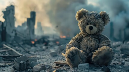 Toy bear in the background of a destroyed city. Destruction after the fighting.