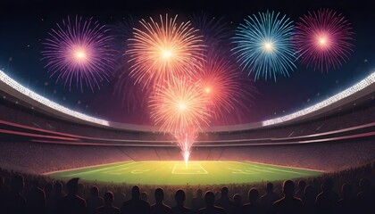 olympic stadium field, Fireworks display over a stadium filled with spectators during an evening event, extremely detailed vector, creative, digital art - obrazy, fototapety, plakaty