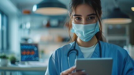 Focused healthcare professional consulting a digital tablet wearing a surgical mask
