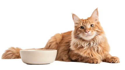 British orange cat eating food, isolated on transparent background