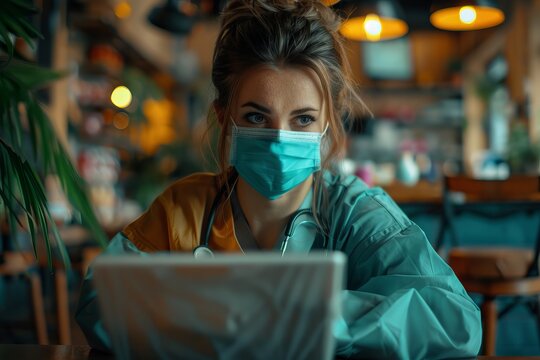 Focused woman with mask using laptop in café during pandemic - Powered by Adobe