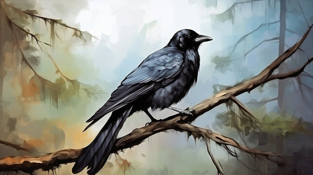 water color painting style of full body potrait of crow bird on the branch . Generative Ai