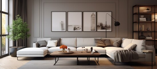 A living room filled with various furniture items, including a comfortable sofa and a small table. The room features a large window providing natural light.