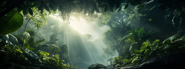 Sunlit Tropical Forest with Lush Vegetation - obrazy, fototapety, plakaty