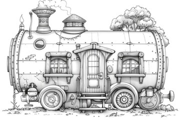 A black and white drawing of a train, coloring book for kids.