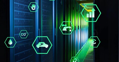 Animation of ecology icons over server room - Powered by Adobe