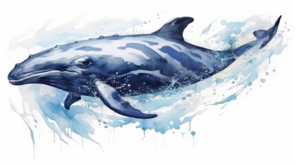 water color painting style of full body potrait of whale surrounded by water splash. Generative Ai