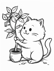 A cat is holding a potted plant, coloring book for kids.