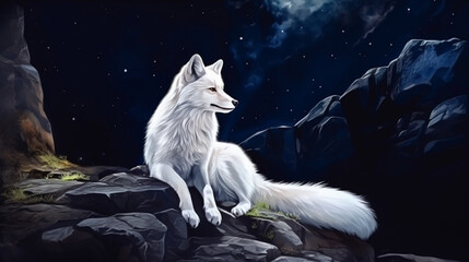 water color painting style of full body potrait of white white fox on the rock. Generative Ai