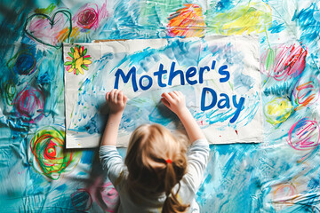 Top view of little girl painting banner drawing for Mother's Day