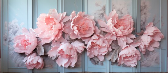 A painting featuring pink flowers displayed on a wall, showcasing a fresh peony bouquet against a folding screen background.