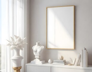 Frame mockup, Interior design with a blank frame on a wall, a white bust sculpture, books, and decorative items on a white console table, next to a window with sheer curtains letting in sunlight, extr