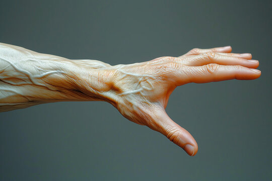 Close-up of a hand, reaching out to grasp something with wrinkled fingers of old age and the age of an elderly person