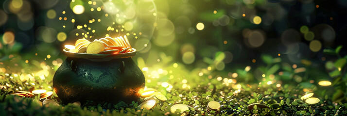 Vintage cauldron with gold coins standing on grass. Saint Patrick's day concept. Bokeh effect...