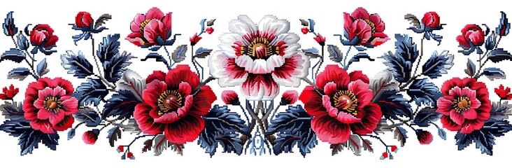Embroidery seamless border with poppies - obrazy, fototapety, plakaty