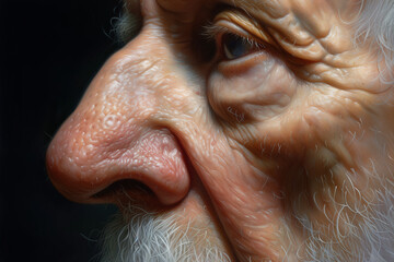 Close-up of a nose, tired look of an old man with a long nose and many wrinkles of old age