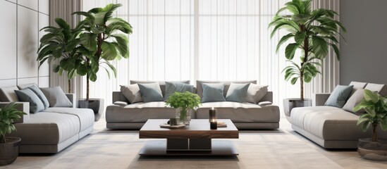 A contemporary living room is adorned with various pieces of furniture, including grey sofas and a coffee table with a flower vase. Lush green houseplants are scattered throughout the room,