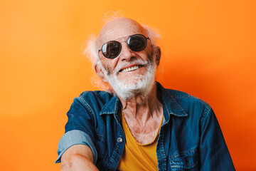 Front view of a happy senior man posing with optimism and sunglasses over colorful orange background