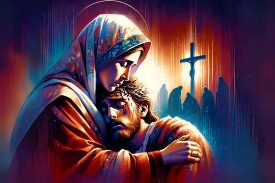 Jesus carregando a cruz encontra com Nossa Senhora, Crucifica&ccedil;&atilde;o de Jesus, Jesus e Maria, Semana Santa 