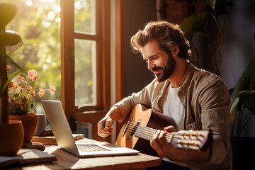 Handsome man learning to play guitar online classes. Generative AI