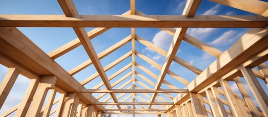 A wooden structure stands prominently against a clear blue sky background, showcasing the intricate roof framework.