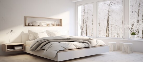 A modern bedroom with white walls, a large window letting in natural light, and a cozy bed with white bedding. The room features a minimalist Scandinavian design.
