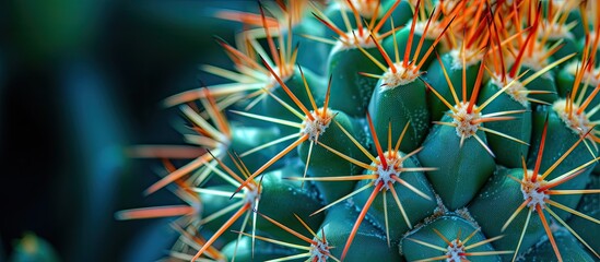 This close-up photo showcases a green cactus with striking orange tips against a vibrant background.