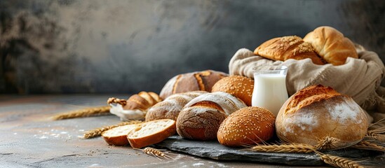 A stone table is adorned with an assortment of crusty bread rolls and a glass of milk, creating a visually appealing arrangement.