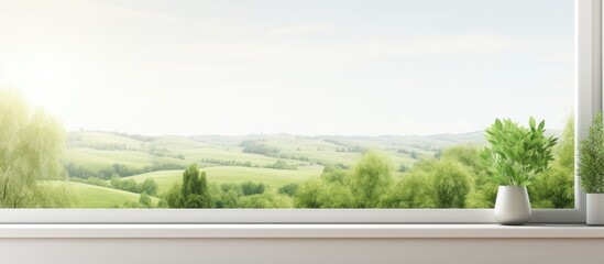 Fototapeta premium A window in a room provides a view of rolling hills, green fields, and scattered trees in the countryside. The scene captures the essence of rural life, showcasing a peaceful and idyllic landscape.