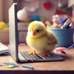 Chicken with a laptop. A tiny chick chirping and pecking at a toy laptop. Generative AI.