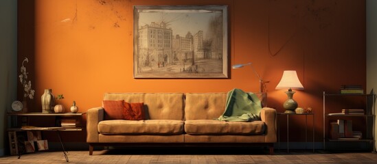 A living room featuring an orange wall and a comfortable couch. The room is well-lit, with the couch positioned against the vibrant wall.