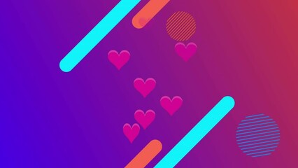 Animation of pink hearts over abstract shapes on pink to purple background - Powered by Adobe