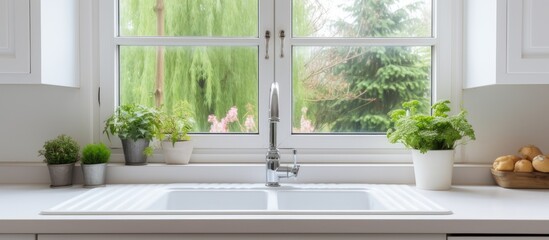 A kitchen sink is placed beneath a window, surrounded by various potted plants. The sink reflects the light coming in from the window,