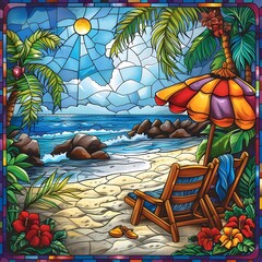 Island Serenity: Stained Glass Art of a Tropical Island with Trees and Beach