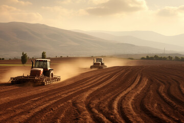 Before sowing, tractor plows ground in field being cultivated at spring AI Generation