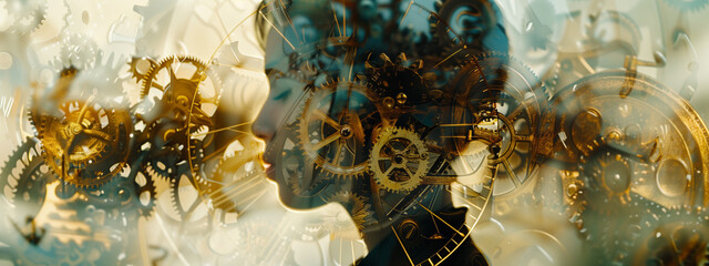 A young woman and the gears and mechanisms of a clock, representing the fusion of human presence and the passing of time. Generative ai. - 747653758