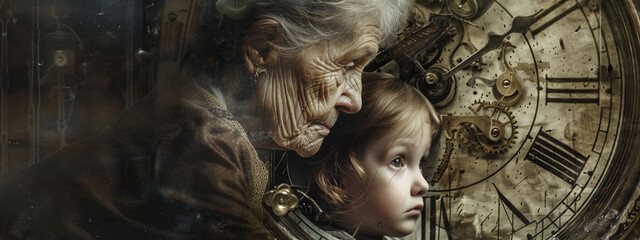 A child and an old woman merged with the hands and mechanism of a vintage clock, representing the fusion of human presence and the passing of time. Generative ai. - obrazy, fototapety, plakaty