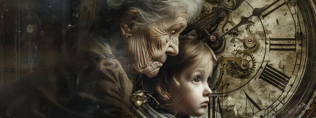 Papier Peint photo Lavable Vielles portes A child and an old woman merged with the hands and mechanism of a vintage clock, representing the fusion of human presence and the passing of time. Generative ai.