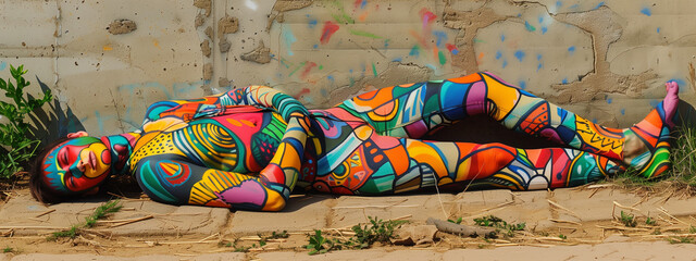 A person's body transformed into a canvas adorned with vibrant street art, showcasing the merging of personal identity and urban creativity. Generative ai.