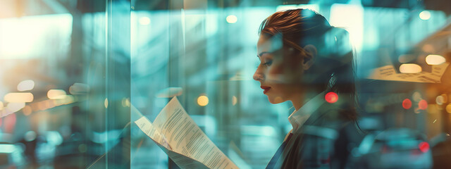 Double exposure of a business woman reading a financial report on paper, and view of business environment through glass wall with reflection. - obrazy, fototapety, plakaty