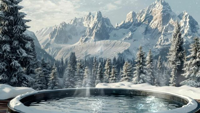hot springs on ice snow mountain landscape video looping stock background 