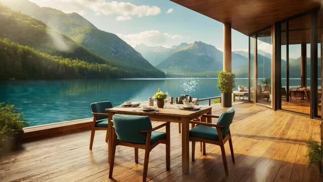 cafe atmosphere on the edge of the lake, calm atmosphere with afternoon sunshine. Seamless looping 4k video animation.