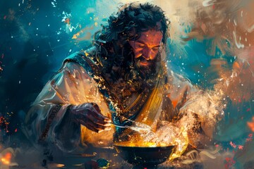 Fototapeta premium Mystical Alchemist Engaged in Ancient Magic Ritual with Glowing Potion in Dark Atmospheric Artistic Illustration
