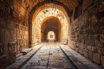 Majestic Ancient Stone Archway Tunnel with Warm Sunlight Illuminating Path Forward, Historical Architecture