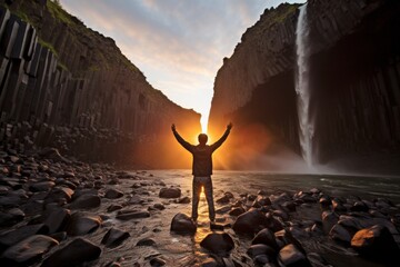 The happy and free man raised his arms near the waterfall on the background of the sunset. The...